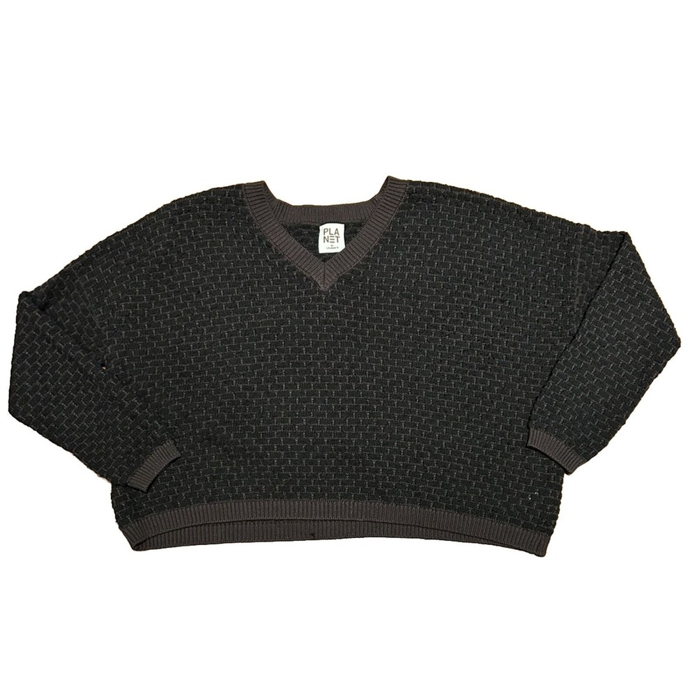 Planet by Lauren G Sweater Cotton V Neck Cropped Dropped Shoulders Box Weave OS